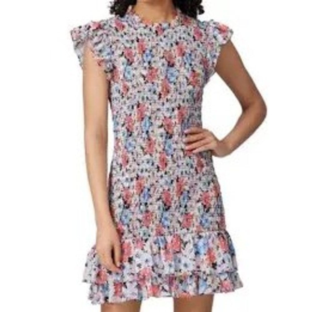 Veronica Beard Smocked Floral Mini Dress Blue Pink Red Ruffle Size 4